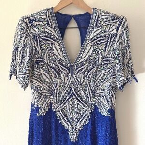 🦃 Vintage Judith Ann Beaded‎ Sequin Silk Dress XS Blue White Cocktail Party